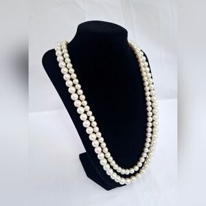 Vintage 1950's Double Strand Faux Pearl Necklace & Gold Tone Flower Clasp